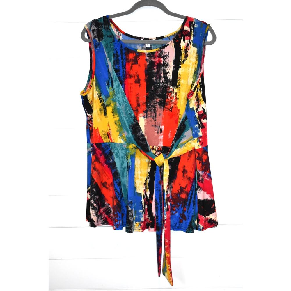 NorthStyle Colorful Top Size 1X Rainbow Sleeveless Tie Waist Flutter Artsy Funky
